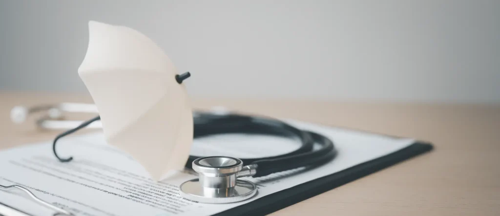 A stethoscope and tiny opened umbrella sit on a clipboard